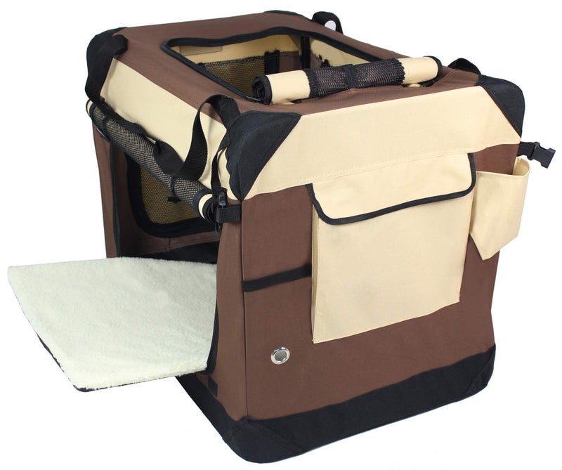 EliteField 4-Door Folding Soft Dog Crate with Curtains, Carrying Bag and Fleece Bed (2 Year Warranty), Indoor & Outdoor Pet Home (24" L x 18" W x 21" H, Brown+Beige) - Image 3